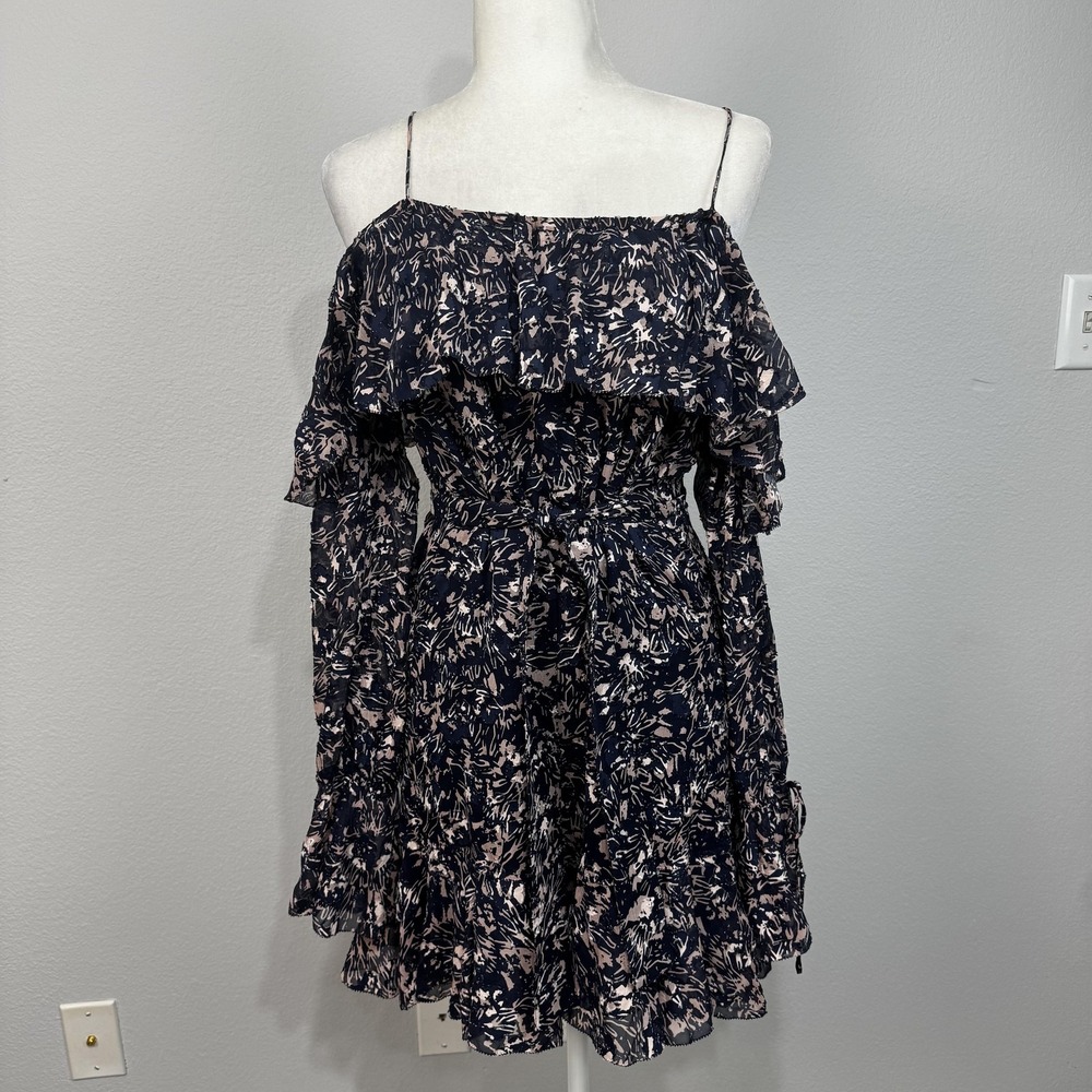 Derek Lam 10 Crosby Dress Womens 4 Navy Silk Blend Off Shoulder Ruffle Floral